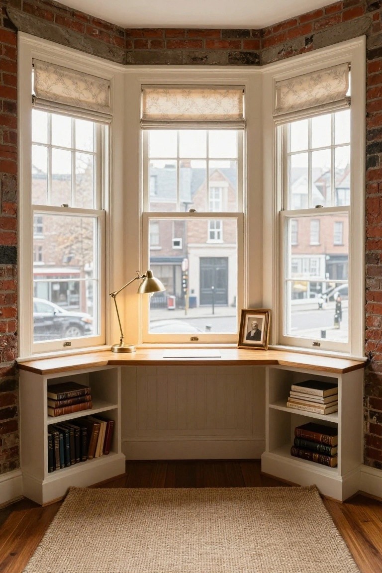 Bay window home office nook with built-in wooden desk and bookshelves on both sides, brass desk lamp, framed portrait, and street view through triple windows framed by brick walls.