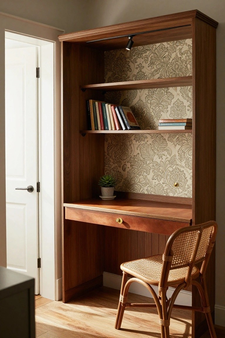 Wooden built-in bookcase with open shelves holding colorful books, integrated desk surface and drawer with brass pull, potted succulent on desk, rattan chair, and open white door beside it.