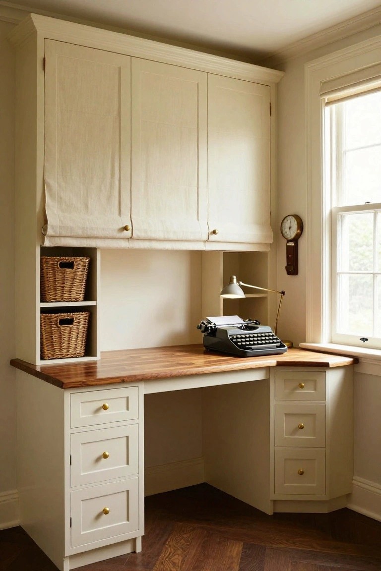 Cream built-in corner desk with wooden top, vintage typewriter, adjustable lamp, wicker baskets in shelves, wall clock, and window in a room with hardwood floors.