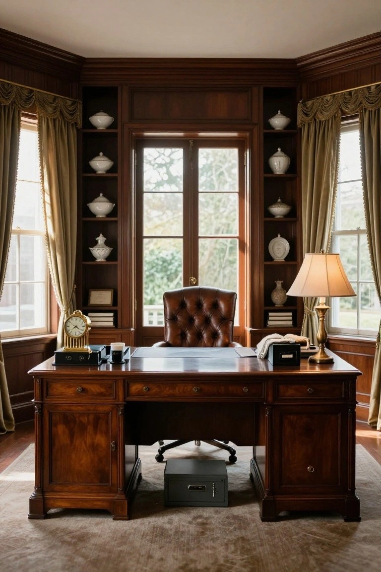 A traditional home office featuring dark wood paneling, built-in open shelves displaying white ceramic vases and bowls flanking bay windows with green drapes, a large polished wood desk, tufted leather chair, brass lamp, and clock.