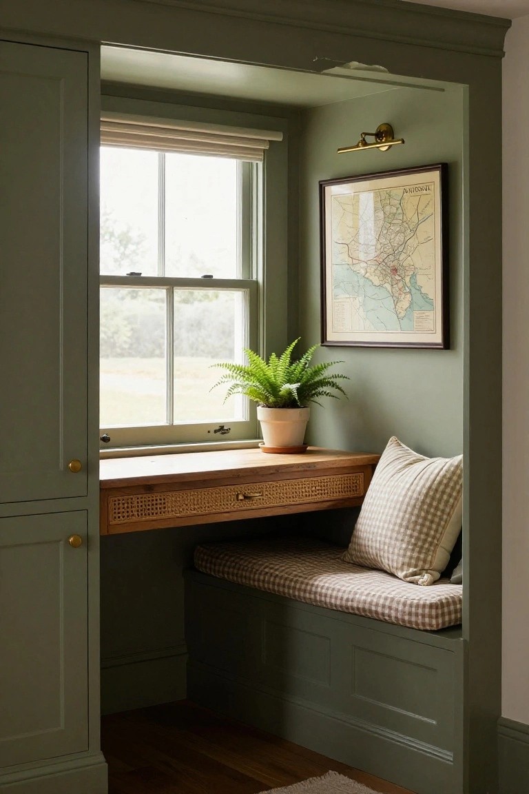 Green-painted built-in alcove with double sash window, wooden desk top and rattan-front drawer, cushioned bench seat, potted fern plant, framed map, and wall sconce light.