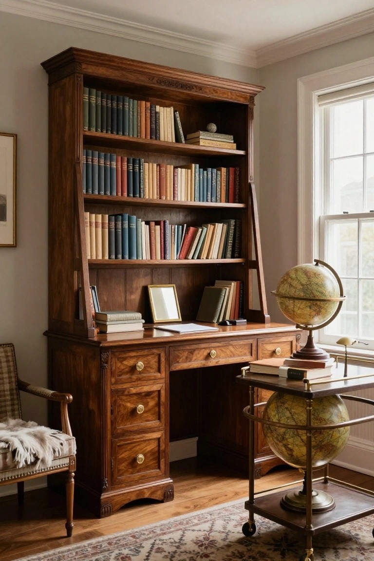 Tall wooden bookcase with integrated desk in a home office corner, shelves filled with books, desk topped with papers and lamp, two globes nearby, armchair beside it, near a window.
