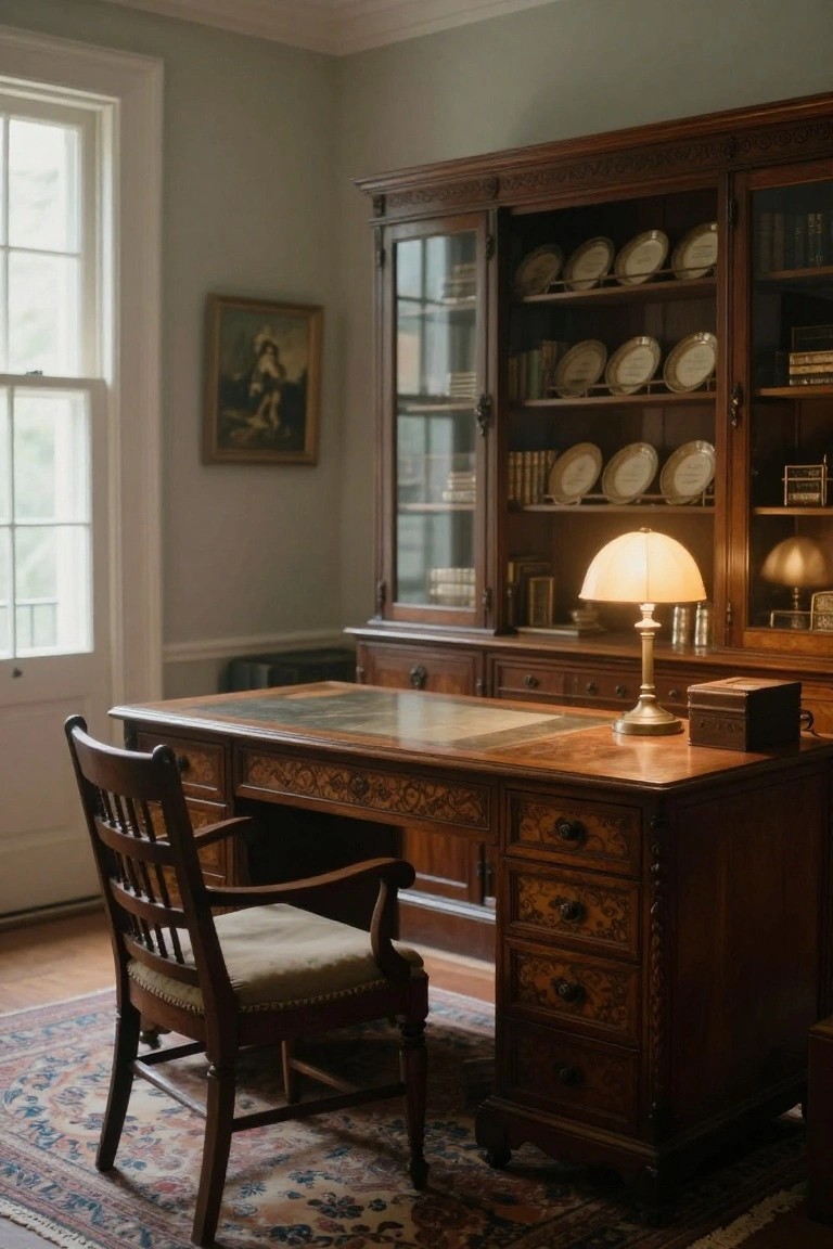 Pale green home office interior with carved wooden desk featuring green leather top, wooden armchair on Persian rug, tall wooden bookcase displaying white plates and books, desk lamps, and window with white trim.