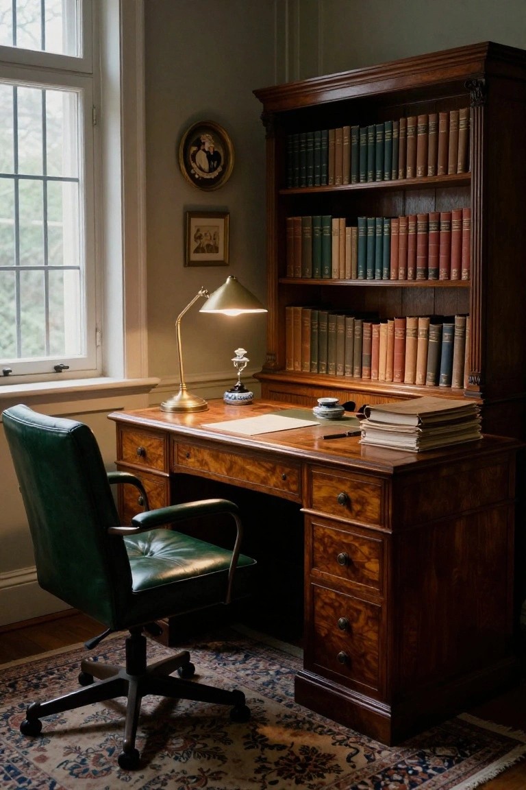Traditional home office interior with wooden desk, green leather swivel chair, tall wooden bookcases filled with books, brass desk lamp, porcelain accents, stacked papers, and window overlooking trees.