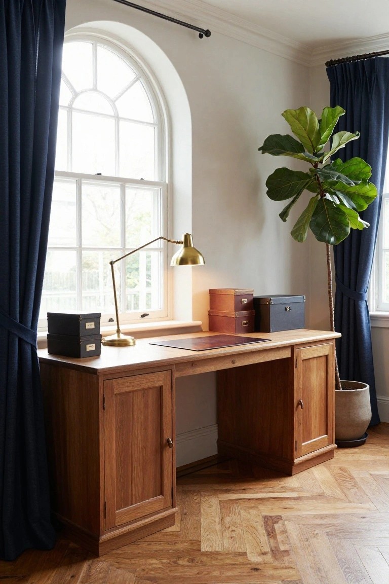 Traditional home office with large wooden double pedestal desk, stacked leather and wooden storage boxes, brass desk lamp, fiddle leaf fig plant in corner, navy floor-length curtains on arched window, and herringbone parquet wood floor.