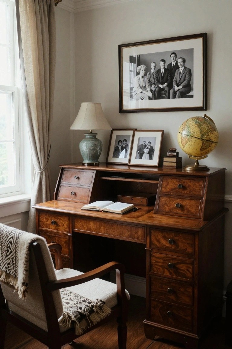 A wooden partner's desk with burled wood drawers and an open book on top sits in a light-filled home office corner next to a beige armchair, with framed black-and-white photos, a globe, and a lamp nearby.