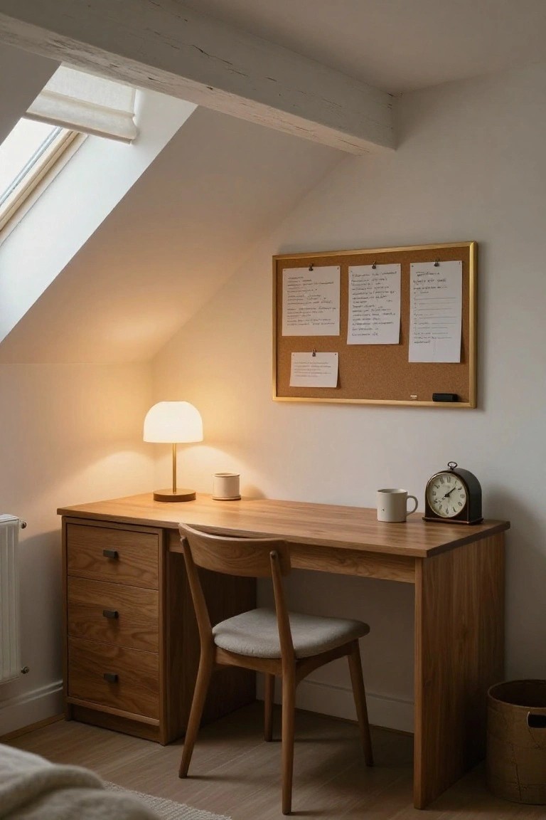 Wooden desk and chair in a white-walled attic room under sloped ceiling with skylight, brass lamp, clock, mugs, corkboard with notes, and radiator nearby.