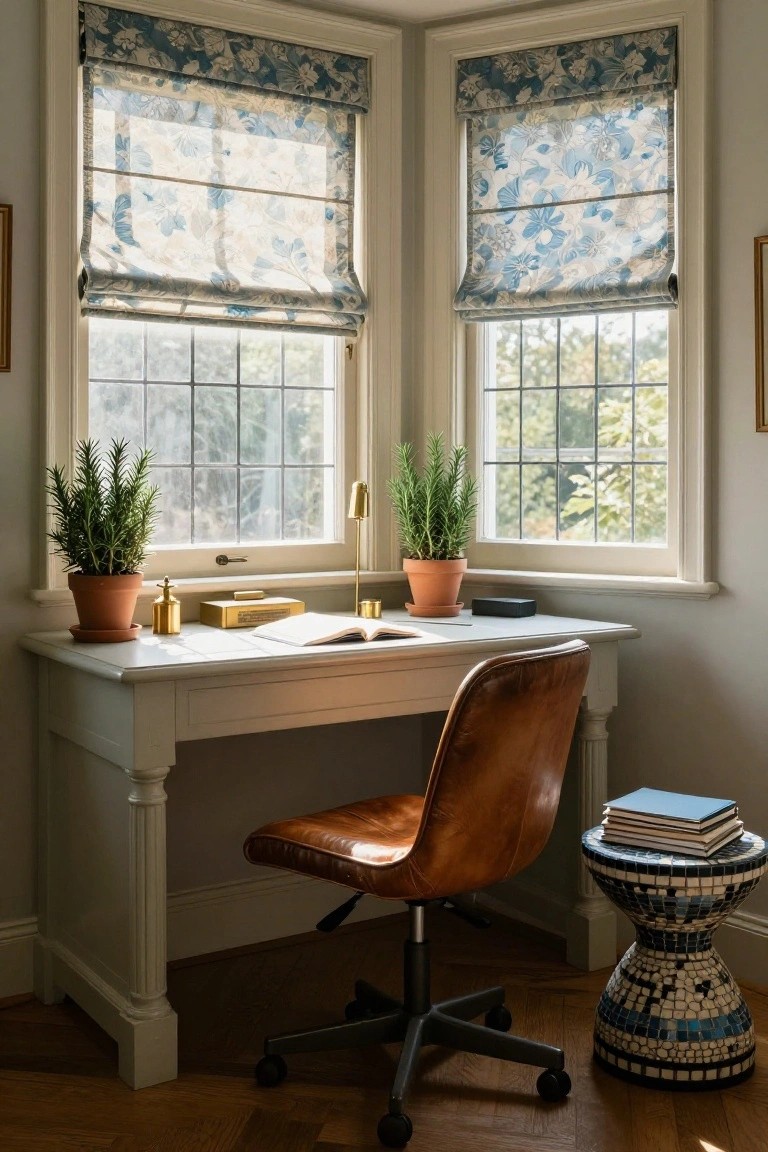 White corner desk with turned legs in a home office corner, brown leather swivel chair, potted rosemary plants on desk and floor, sheer blue floral roman shades on two multipaned windows, gold lamp, small books, and mosaic stool nearby.