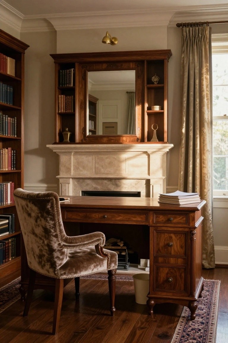 Traditional home office with wooden desk and velvet chair positioned in front of a marble fireplace, wooden bookshelves on both sides, and warm afternoon light through window drapes.