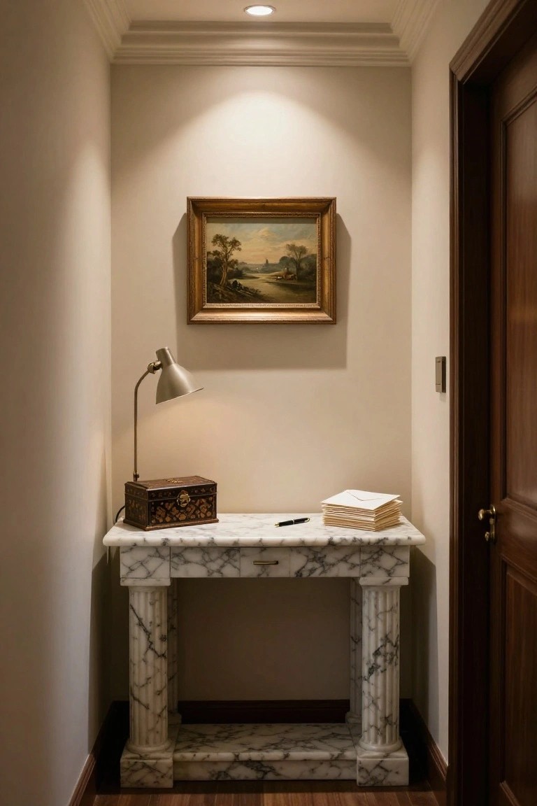Narrow beige-painted hallway alcove with a white marble console table on fluted legs, holding a wooden inlaid box, stack of white envelopes, black pen, and adjustable desk lamp, landscape painting in gold frame above, wooden door to the right.