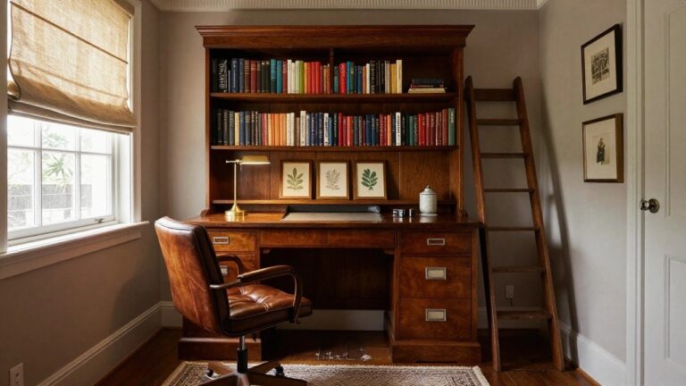 Wood-paneled home office with built-in bookshelves, sliding wooden library ladder, antique-style desk, leather swivel chair, brass desk lamp, and linen roman shades on multipaned windows.
