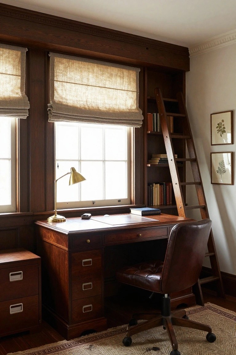 Wood-paneled home office with built-in bookshelves, sliding wooden library ladder, antique-style desk, leather swivel chair, brass desk lamp, and linen roman shades on multipaned windows.