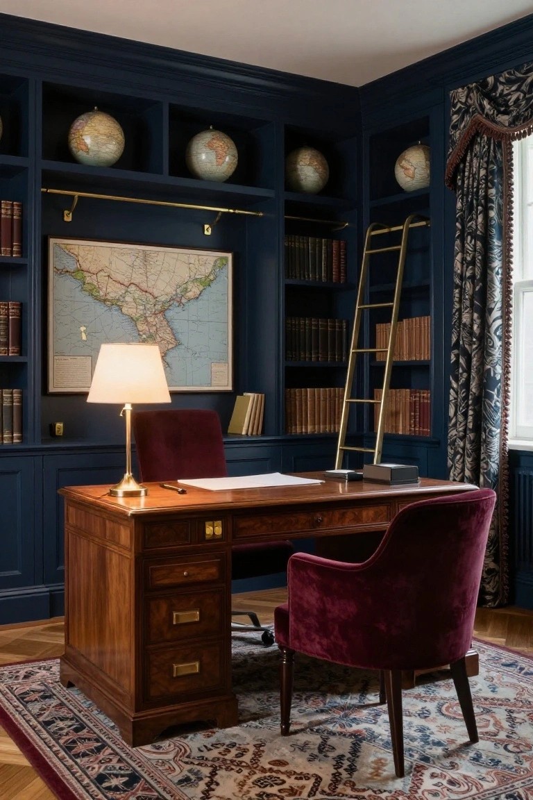 A corner home office featuring navy blue paneled walls and built-in bookshelves with a brass rolling ladder, wooden desk, red velvet chair, lamp, map, and globes on shelves.