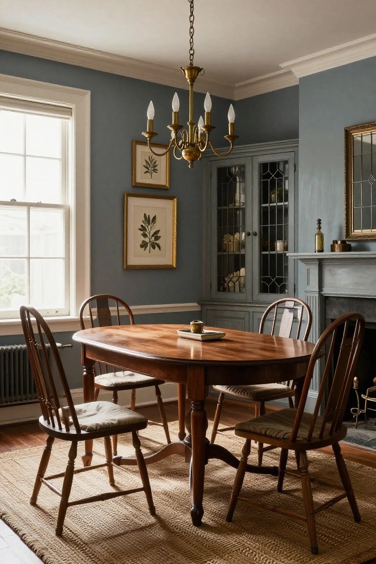 Interior of a traditional dining room with an oval wooden table, four spindle-back chairs with cushions, brass chandelier, blue walls, glazed cabinet, botanical artwork, and fireplace.