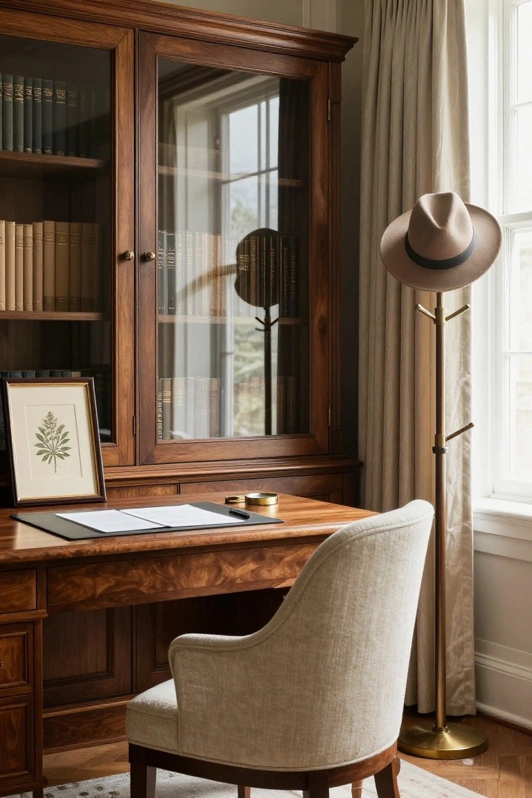 A traditional home office with a tall dark wooden bookcase with glass doors filled with books positioned next to a matching wooden desk, a cream upholstered chair, a brass hat stand by a window with beige curtains, and a framed green leaf print on the desk.