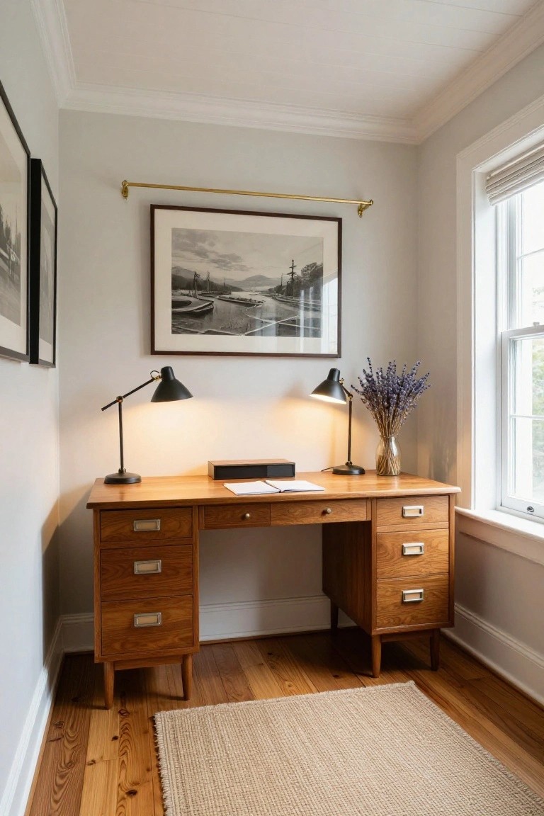 A cozy home office corner featuring a wooden desk with drawers on both sides, two black adjustable desk lamps, a vase of dried lavender, framed black-and-white artwork, and a window with blinds on light gray walls above hardwood floors.