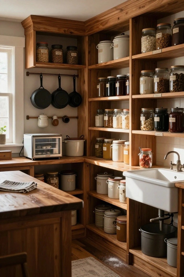 Corner kitchen pantry area featuring tall wooden open shelves stocked with glass jars and crocks of dry goods, hanging cast iron pans, a white farmhouse sink, and wooden countertops.