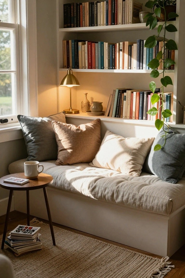 Indoor reading nook featuring a built-in white window bench with beige and gray pillows, wooden side table holding a mug and magazines, brass lamp, bookshelves with colorful books and potted plants, next to a large window with sheer light filtering in.