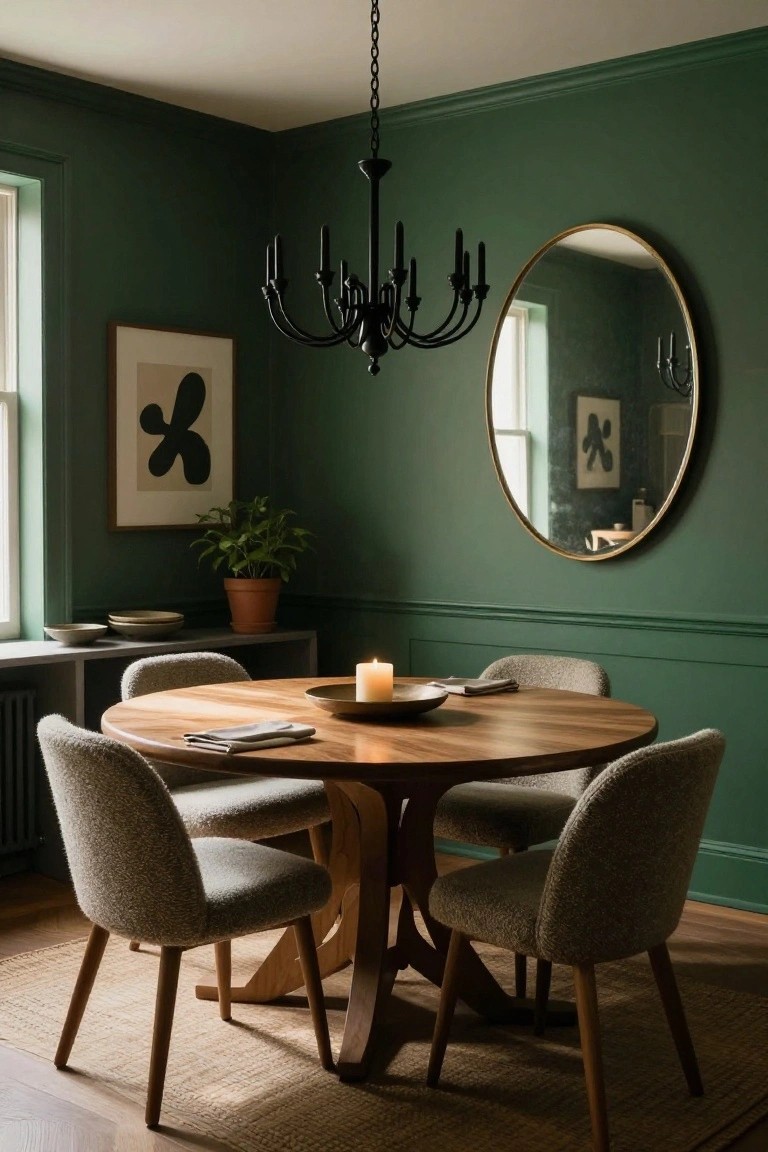 Dining room with dark green walls, round wooden table and four upholstered chairs, black chandelier overhead, large round gold-framed mirror on wall, potted plant on sideboard.