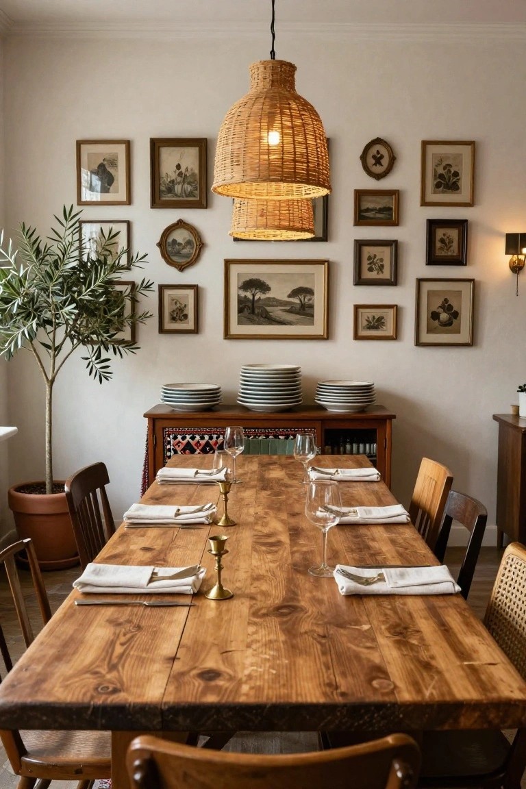 Dining room interior featuring a long wooden table set with white linens, glassware, and candles, eclectic gallery wall of assorted framed artwork on white walls, woven pendant light, olive tree in terracotta pot, and wooden sideboard with colorful accents.