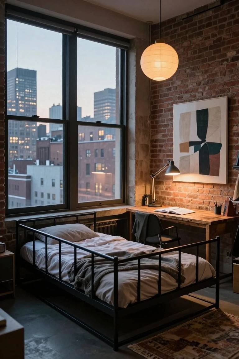 Loft bedroom with exposed brick walls, large windows showing city skyline at dusk, black metal bed frame with white sheets and gray throw, wooden desk in corner, desk lamp, and paper lantern pendant light.