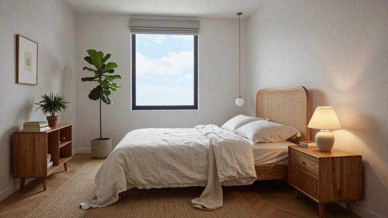 22 Stunning Dream House Interior Ideas For A Fresh New Vibe Bedroom with curved rattan headboard on bed with white linen sheets and pillows, wooden nightstand topped with ceramic lamp and stacked books next to potted fiddle leaf fig plant, large black-framed window with beige roman shade, seagrass rug on wood floor.