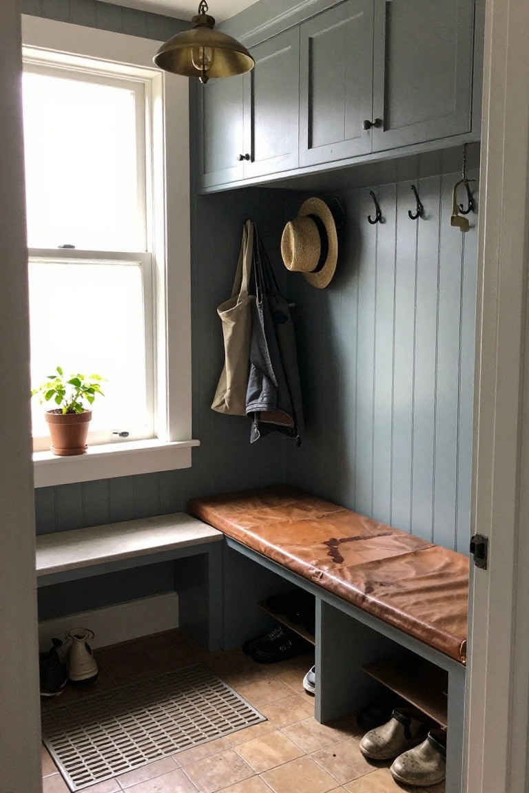 A compact mudroom interior with light blue-gray vertical board-and-batten walls, upper cabinets, wall hooks holding bags, jackets, and a hat, a wooden bench with brown leather cushion and open storage cubbies underneath for shoes, a potted plant on the windowsill, and a rubber floor mat.