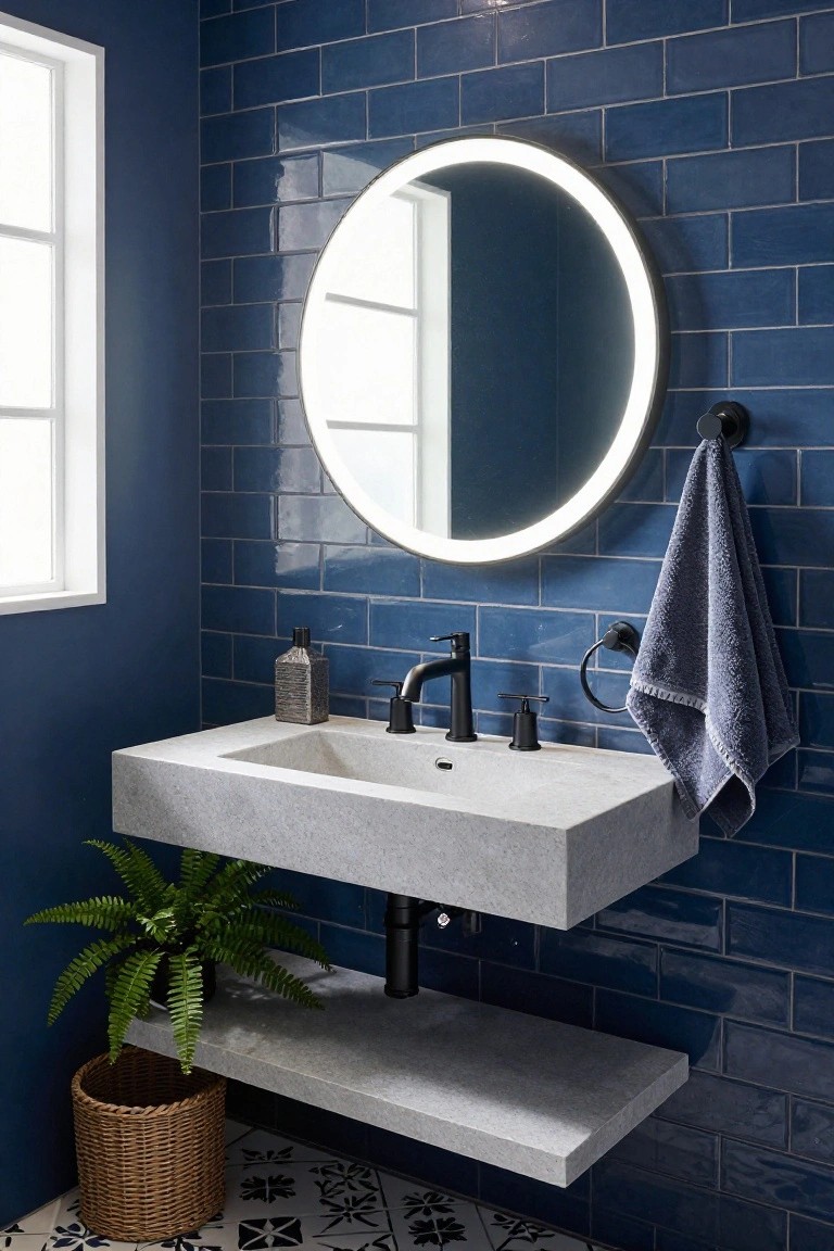 A modern bathroom with glossy navy blue subway tile walls, round backlit mirror, floating white stone vanity with black faucet and soap dispenser, navy towel on wall hook, and potted green fern in woven basket on patterned black and white tile floor.