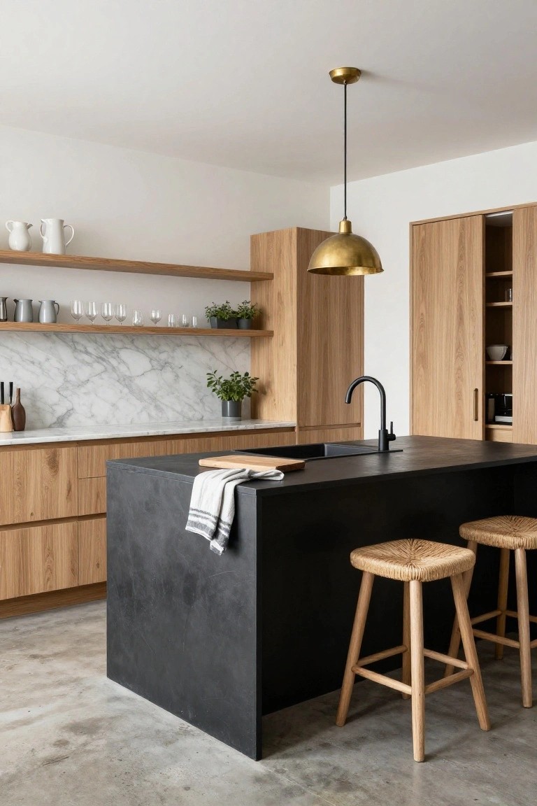 Modern kitchen with light oak cabinets and open shelving, white marble backsplash, matte black central island with sink and black faucet, gold pendant light overhead, rattan bar stools, and polished concrete floor.