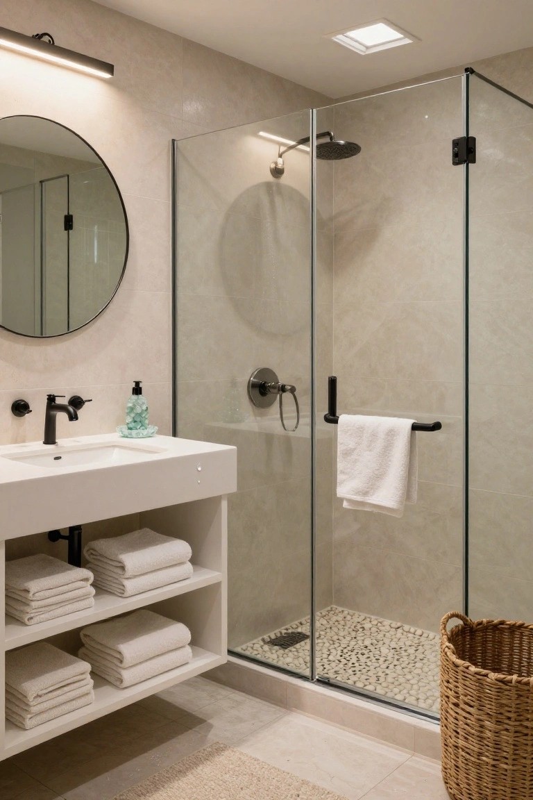 Modern bathroom with glass shower enclosure featuring white pebble tile floor, floating white vanity with open shelves holding stacked white towels, round black-framed mirror, black faucets, and beige tiled walls.