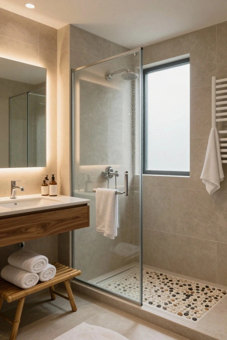 Modern bathroom with frameless glass shower enclosure featuring multicolored pebble stone flooring, wooden floating vanity, backlit mirror above sink, towel radiator, and stacked white towels on bamboo stool.