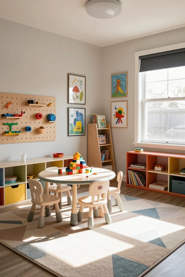 A light gray children's playroom with a wooden pegboard wall displaying toy cars, tracks, and accessories, flanked by colorful low bookshelves and a round white table with small chairs and stacked wooden blocks.