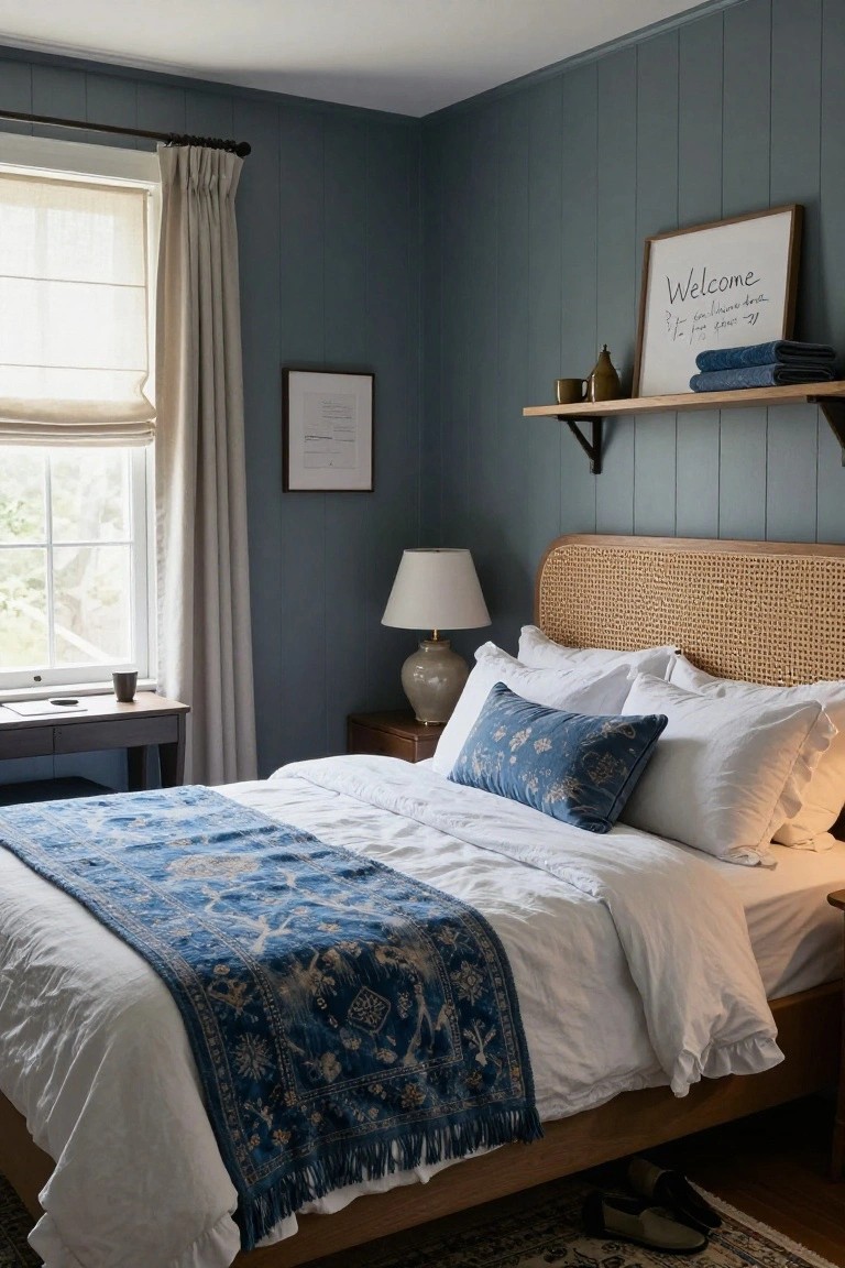 Bedroom corner with rattan headboard bed covered in white linens and blue runner, dark blue shiplap walls, linen window curtains, wooden shelf holding a welcome sign and towels, small desk, and side lamps.