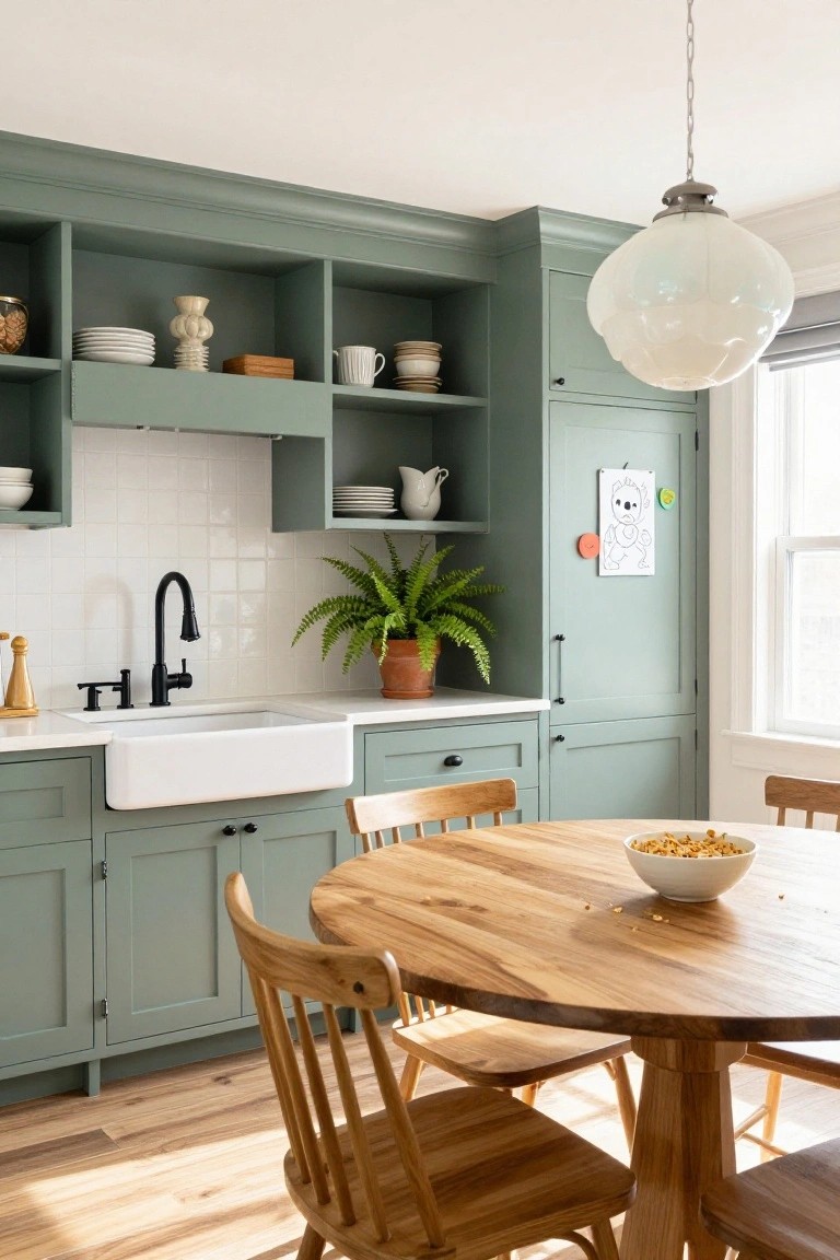 Kitchen with sage green upper and lower cabinets, white subway tile backsplash, white farmhouse sink, black faucet, open shelving with dishes, wooden round table with four chairs, potted plant, and window light.