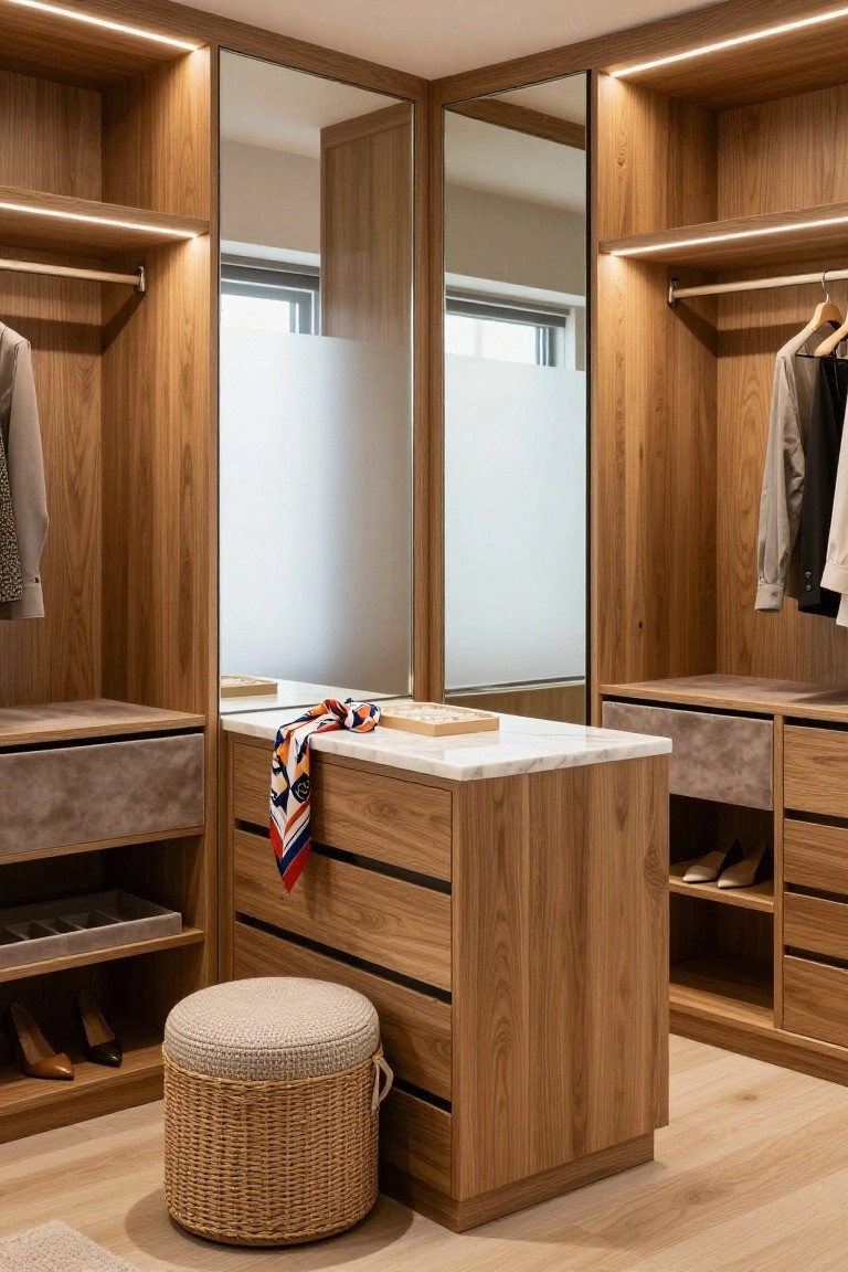 Corner walk-in closet with light oak cabinets, integrated LED lighting, full-length mirrors, hanging rods with clothes, central marble-topped wooden island, drawers, displayed shoes, and round wicker pouf on wood floor.
