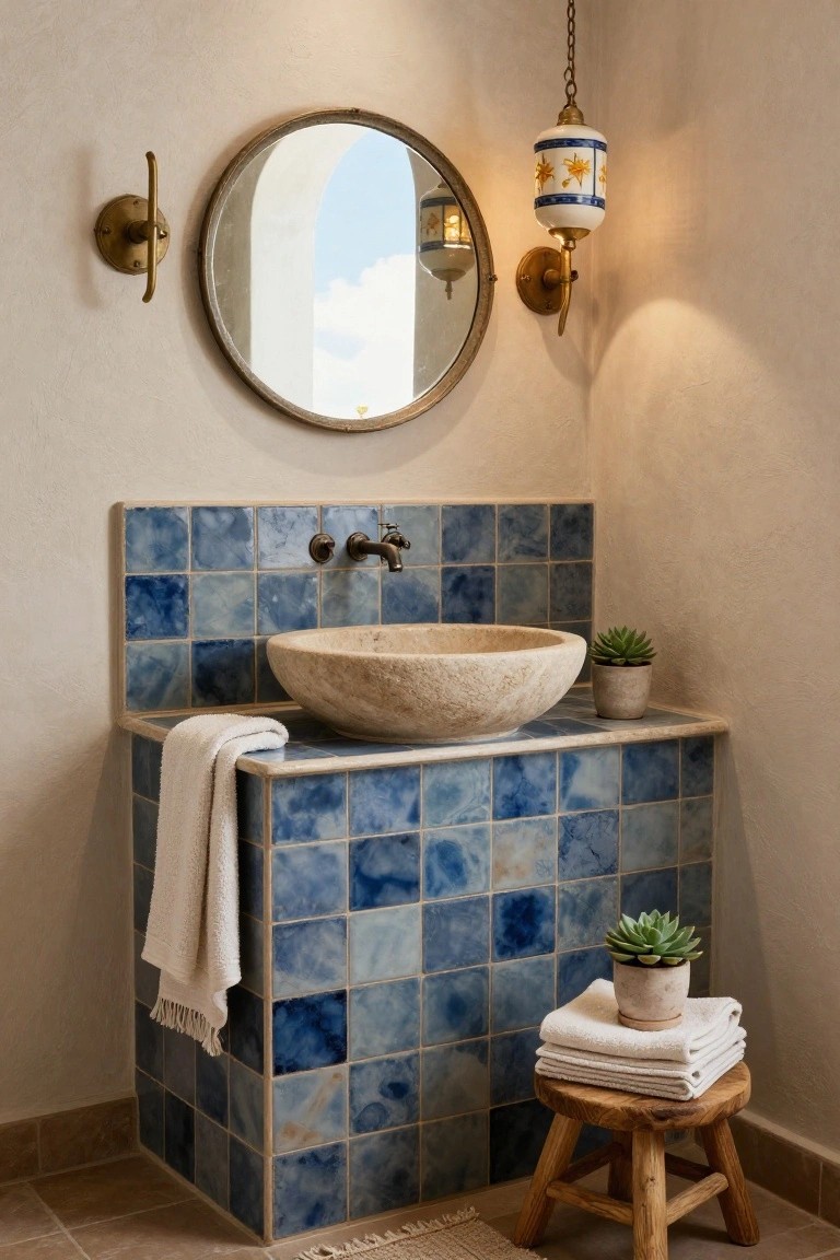Bathroom corner with blue hand-painted tile pedestal supporting a beige stone vessel sink, flanked by a round metal mirror, brass faucet, hanging blue and white ceramic lantern, wall sconce, folded towels, potted succulents, and wooden stool on tiled floor.