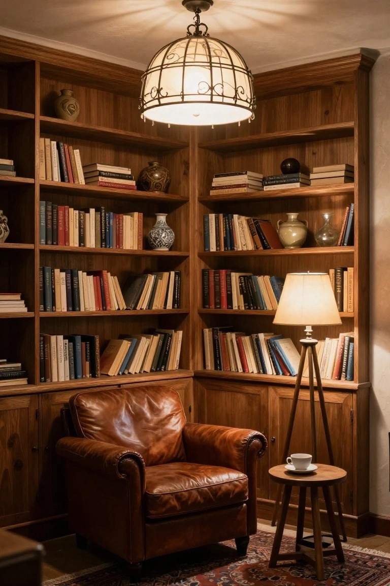 Wood-paneled library corner with built-in bookshelves filled with books and vases, leather armchair, small side table with teacup, tripod lamp, and ornate cage-style chandelier hanging from the ceiling.