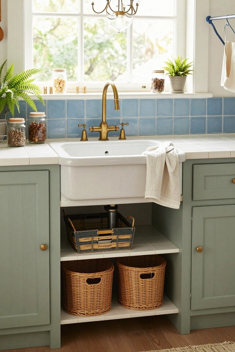 Kitchen sink area featuring a white farmhouse sink, gold bridge faucet, blue tiled backsplash, sage green cabinets with wicker basket storage underneath, brass chandelier overhead, and potted plants on the windowsill.