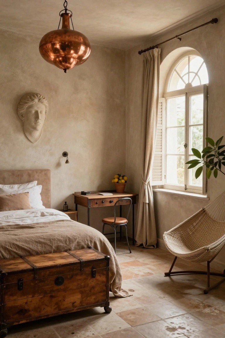 Bedroom with copper pendant lantern hanging from ceiling, beige textured walls, arched window with beige curtains and shutters, bed with beige linens, wooden desk and chair, woven hanging chair, and wooden trunk on terracotta tile floor.