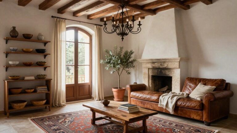 22 Stunning Mediterranean Interior Design Chandelier Inspirations for Elegant Spaces Mediterranean-style living room with exposed wooden ceiling beams, black wrought-iron chandelier with lit candles, tan leather sofa, wooden coffee table, Persian rug, stone fireplace, and shelves with pottery and plants.