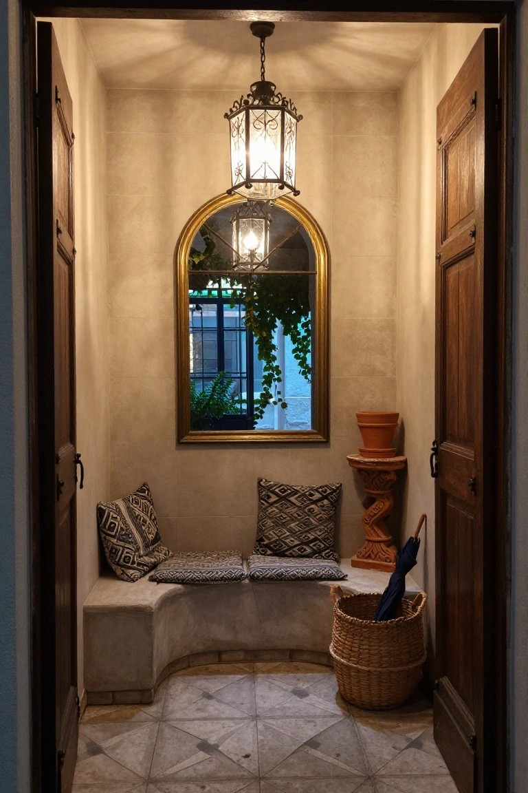 Narrow indoor entry vestibule with open wooden doors, curved stone bench topped with patterned cushions, large gold-framed arched mirror, hanging lantern chandelier, carved pedestal with terracotta pots, umbrella in wicker basket, and tiled floor.