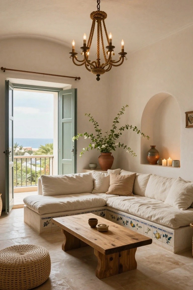 White-washed Mediterranean living room with rope-wrapped candelabra chandelier, low white sofa, wooden coffee table, potted plants in arched niche, and open turquoise shutters revealing sea view balcony.