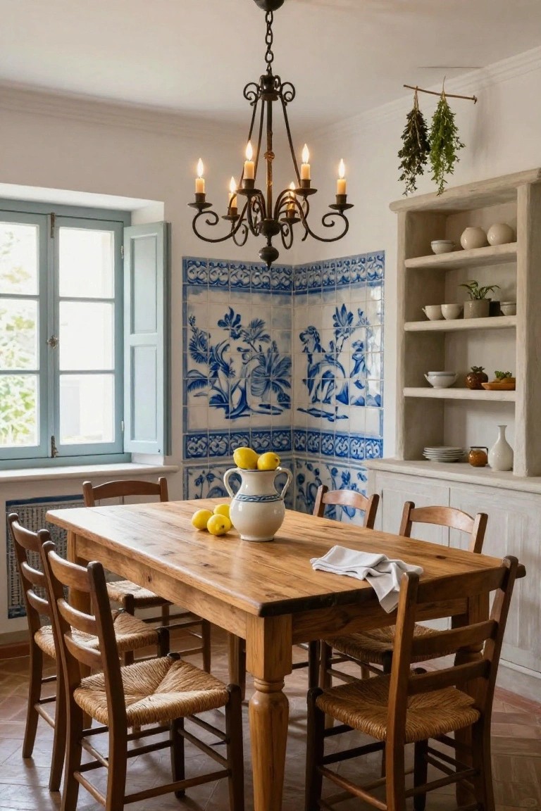 Wrought-iron seven-arm chandelier with lit candles hanging over a wooden dining table set with lemons and a pitcher, in a kitchen with blue-and-white floral tiled walls, wooden chairs, and open shelves.