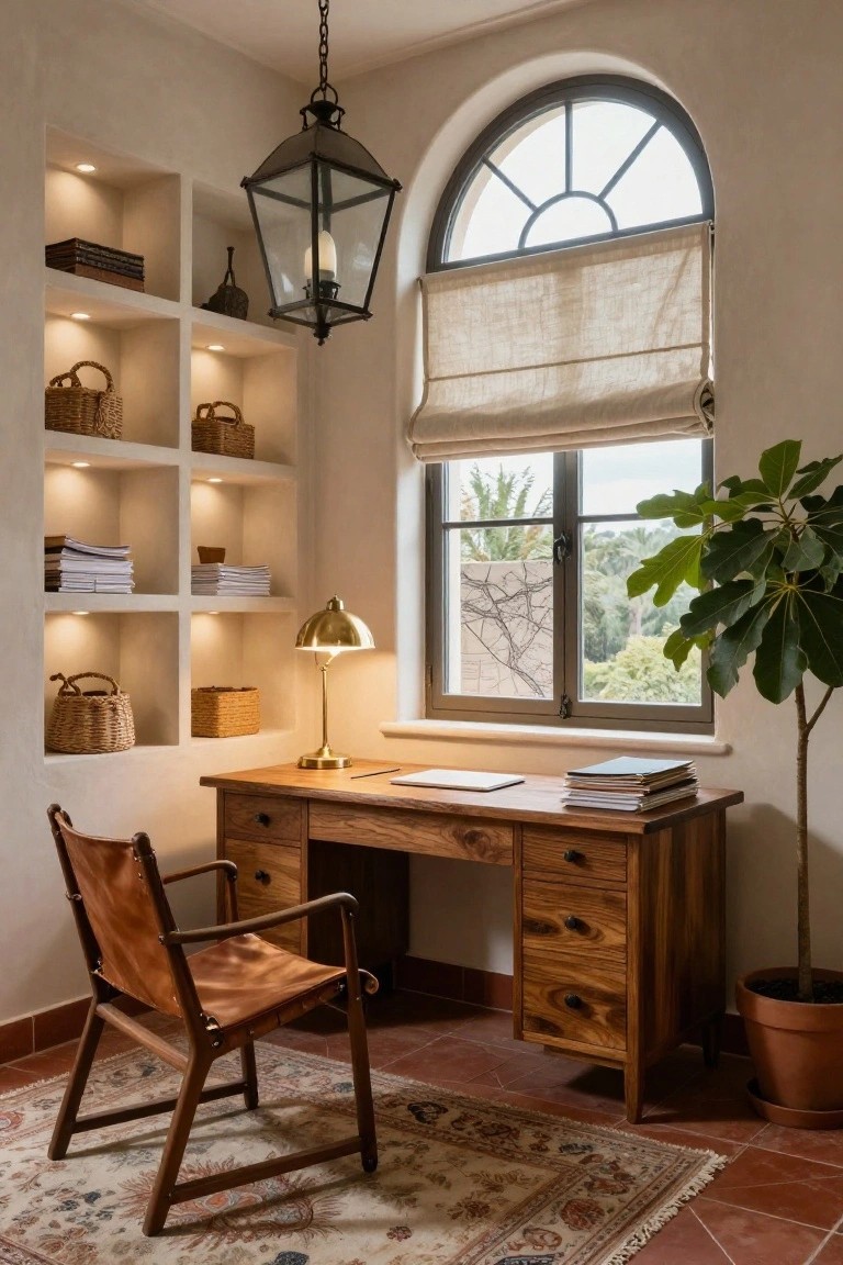 A cozy home office with a wooden desk and leather chair, built-in shelves with books and baskets, a large arched window with linen shade, potted ficus plant, brass desk lamp, and a hanging black metal lantern chandelier overhead on terracotta tile floor.