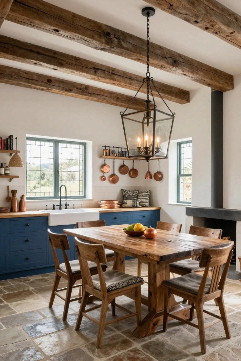 White-walled kitchen with blue cabinets, farmhouse sink, wooden dining table and chairs, copper pots on wall rack, black metal lantern chandelier with candles hanging from exposed wooden beams, and leaded green windows overlooking landscape.
