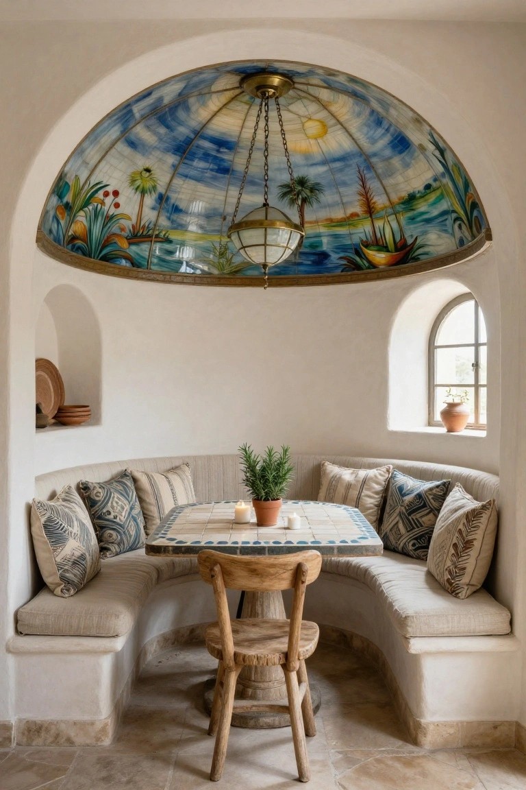 Curved white alcove with banquette seating in beige cushions, round blue-bordered tile table, wooden chair, potted plant, and arched stained glass dome chandelier depicting tropical seascape with sun, palms, boats, and waves, plus niches with pottery and arched window.