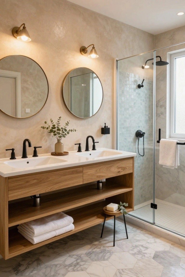 Modern bathroom with beige textured walls, two large round gold-framed mirrors above a light oak double vanity with two white sinks and matte black faucets, glass shower enclosure, and gray marble hexagon floor tiles.