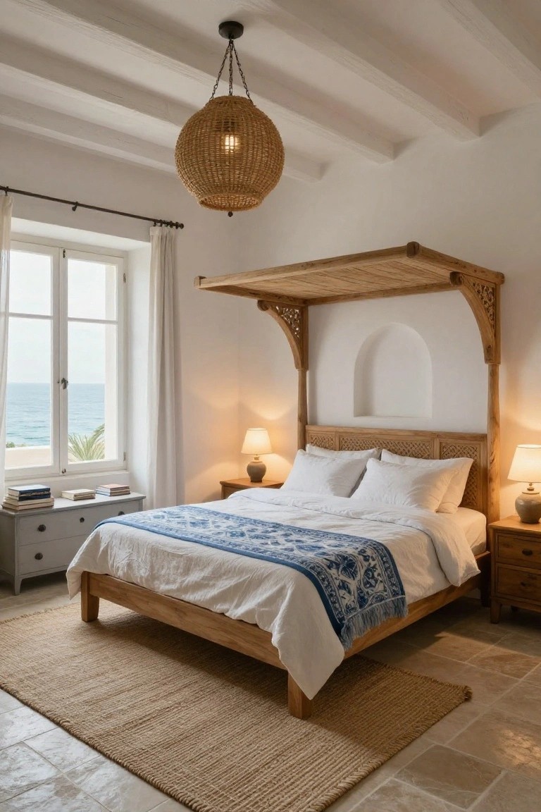 Bedroom interior with wooden canopy bed draped in white linens and blue throw, flanked by nightstands with lamps, woven rattan pendant chandelier overhead, white walls, beamed ceiling, and window with sea view.