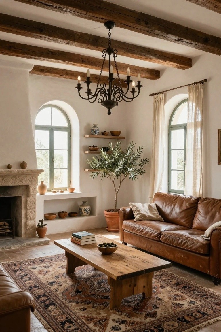 Mediterranean-style living room with exposed wooden ceiling beams, black wrought-iron chandelier with lit candles, tan leather sofa, wooden coffee table, Persian rug, stone fireplace, and shelves with pottery and plants.