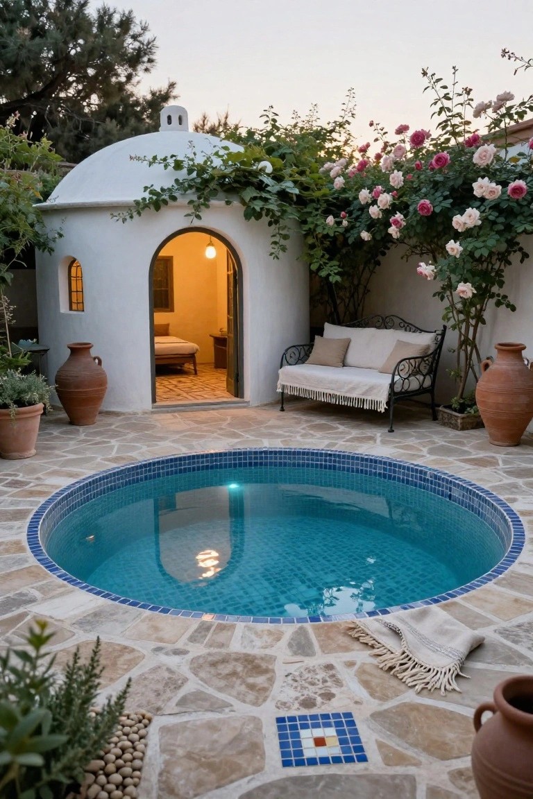 Small circular blue mosaic-tiled pool in a stone-paved courtyard beside a white arched dome building with an open door, flanked by potted plants, climbing roses, a bench, and terracotta pots at dusk.